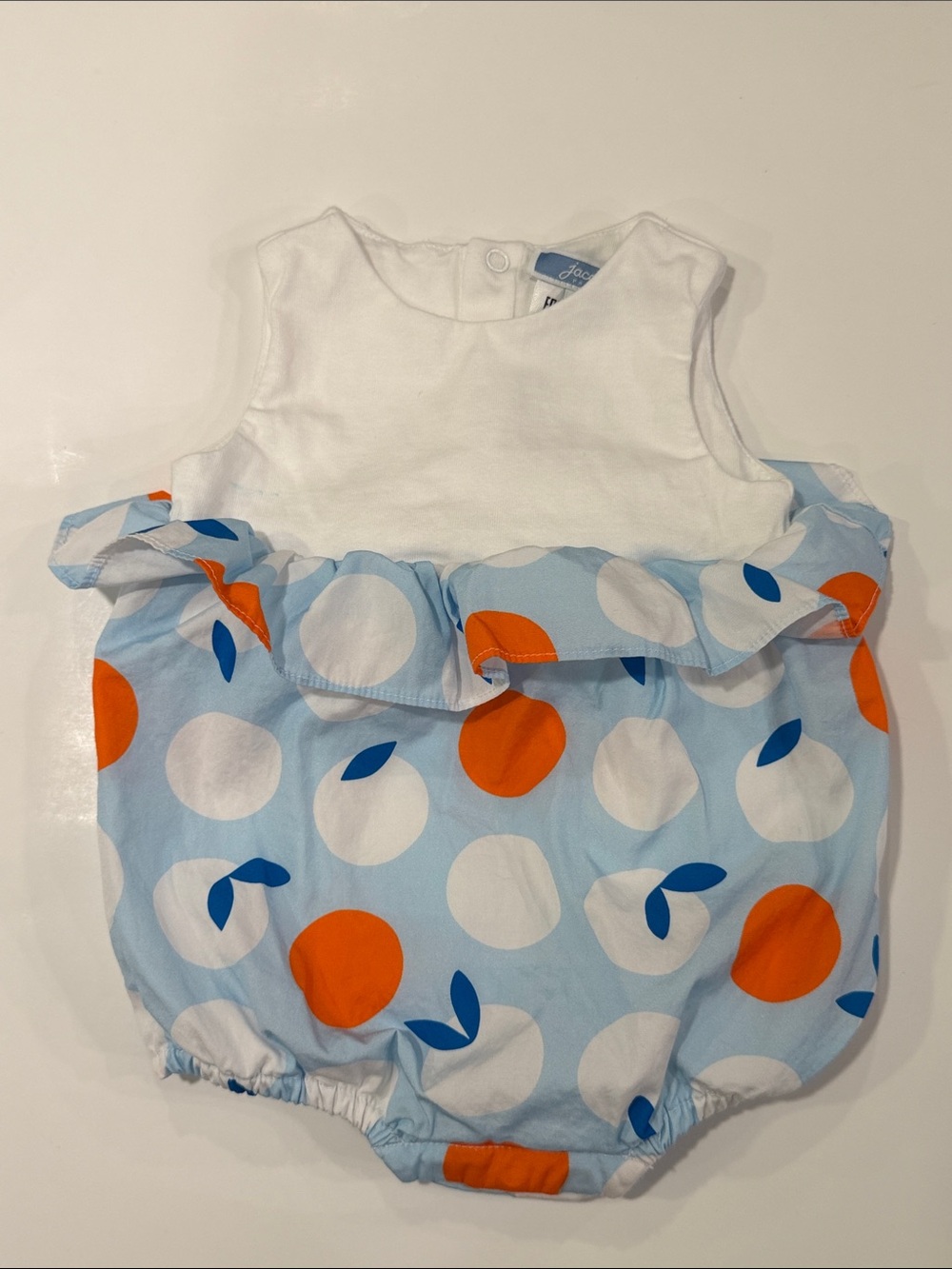 Jacadi White & Light Blue Fruit-Print Ruffle Bubble Romper